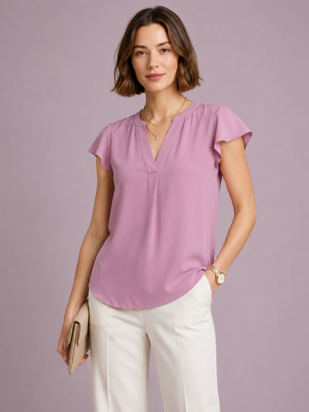 J. Crew V Neck Flutter Sleeve
Lilac Blouse Size 2 Short Sleeve Purple